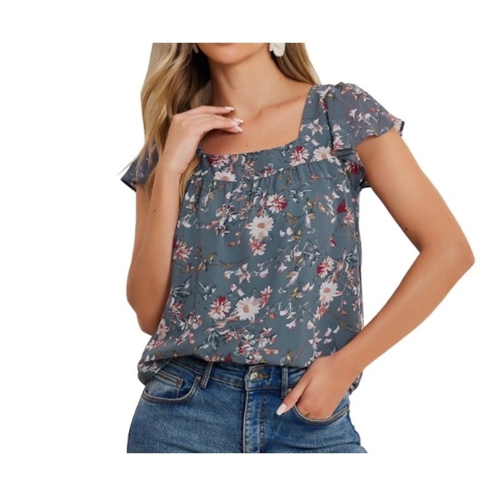 Allegra K Womens Floral Flutter Sleeve Square Neck Chiffon Blouse Blue Large NWT